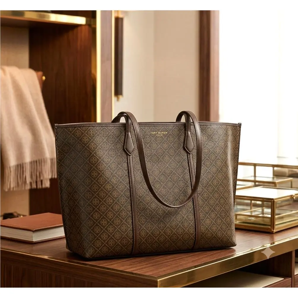 Perry Coated Canvas French Press Brown Large Tote Bag by Tory Burch