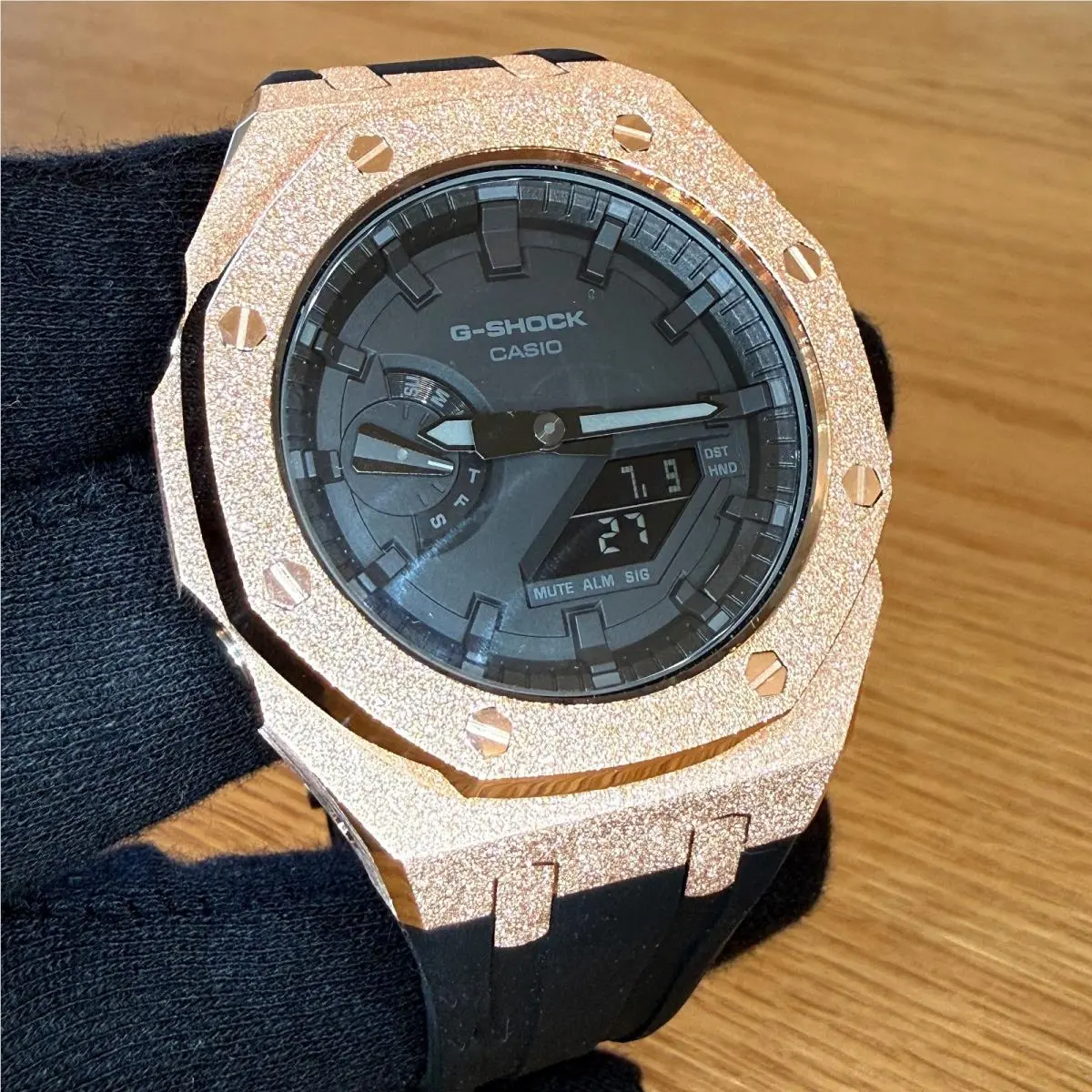 Rose Gold Modded Frosted Metal G Shock Watch GA2100 Rubber Strap Black by Casio