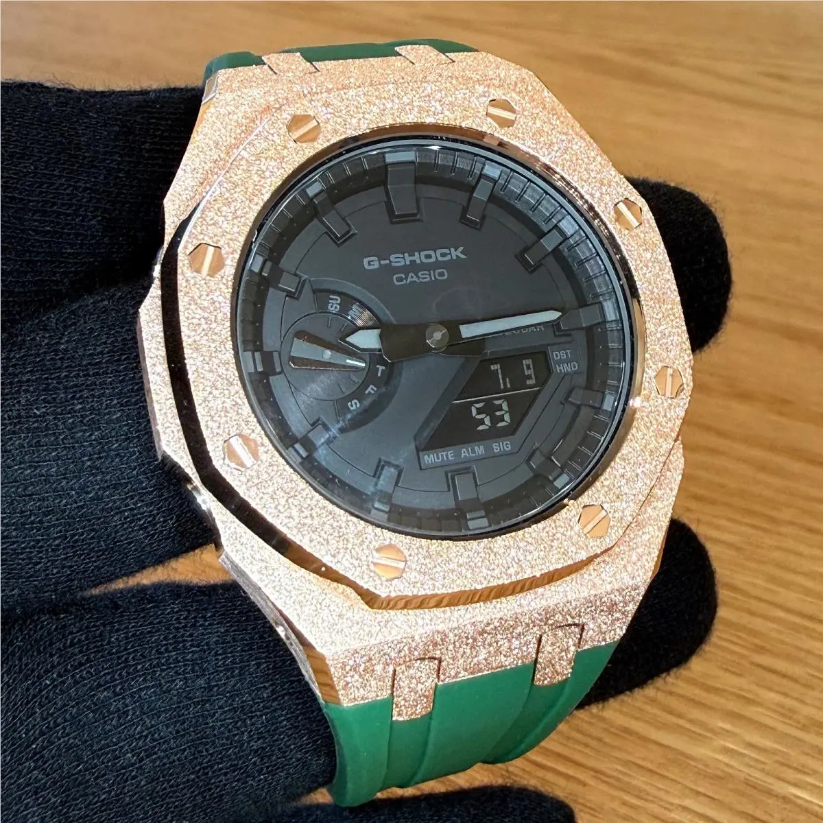 Rose Gold Modded Frosted Metal G Shock Watch GA2100 Rubber Strap Green by Casio