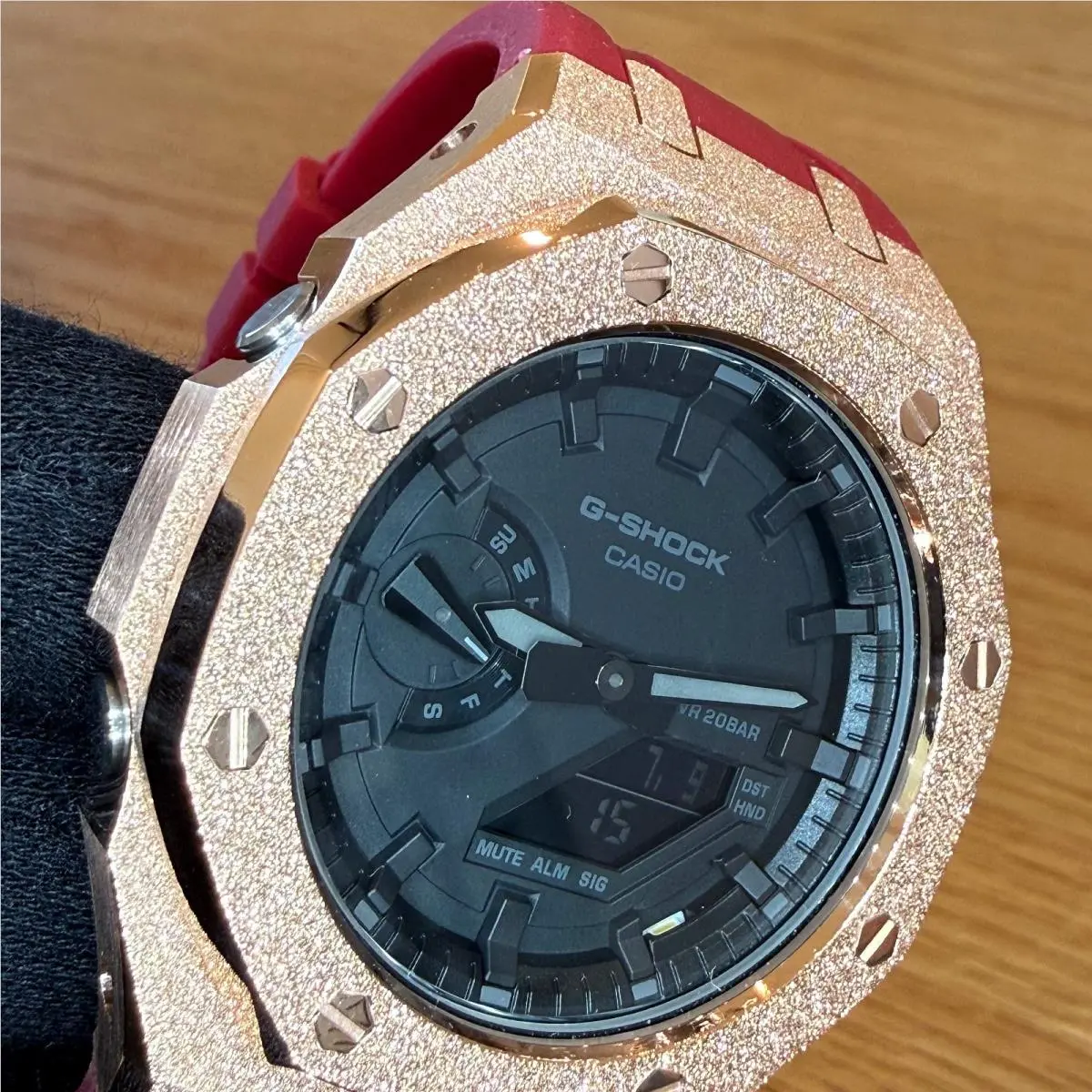 Rose Gold Modded Frosted Metal G Shock Watch GA2100 Rubber Strap Red by Casio