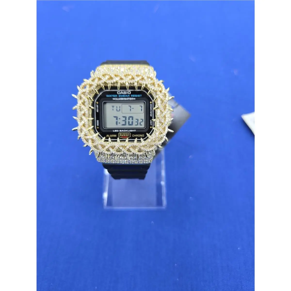 Moissanite G Shock Watch by Casio 5600 Model Black Color Band Gold Color Bezel