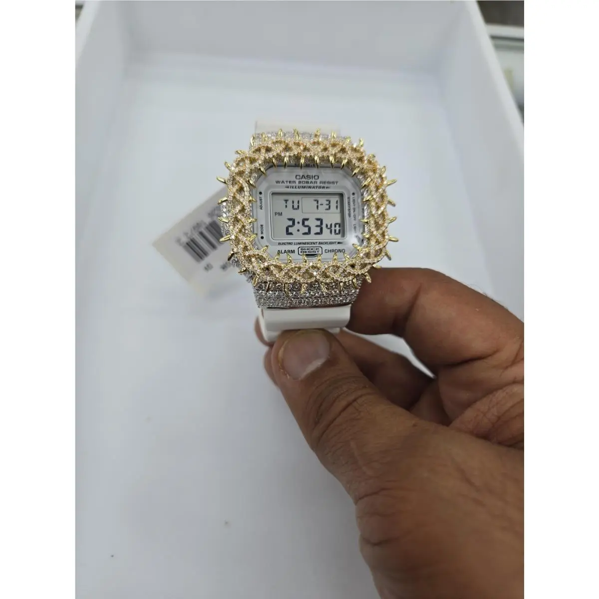 Moissanite G Shock Watch by Casio 5600 Model White Band 2 Ton Gold Color Bezel