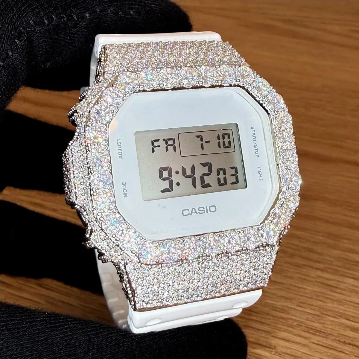 Casio G Shock White DW5600 Custom Iced Out Moissanite Watch