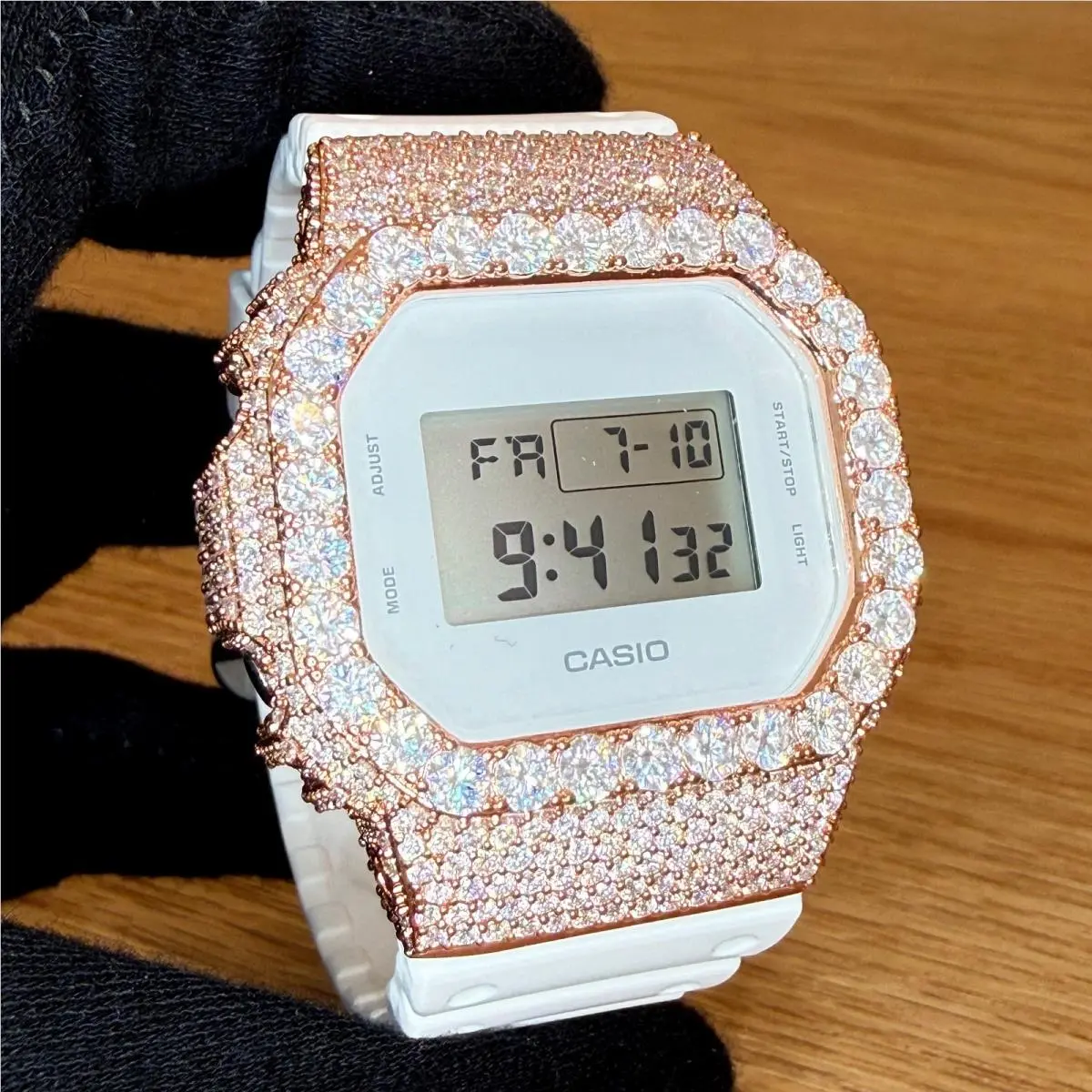 G Shock White DW5600 Custom Iced Out Moissanite Watch Rose Gold by Casio