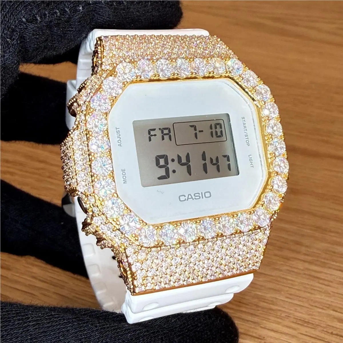 G Shock White DW5600 Custom Iced Out Moissanite Watch Yellow Gold by Casio
