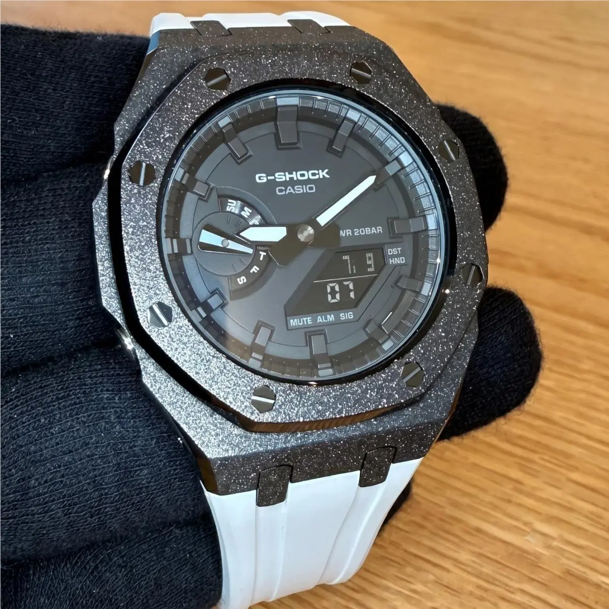 Black Modded Frosted Metal G Shock Watch GA2100 Rubber Strap White by Casio