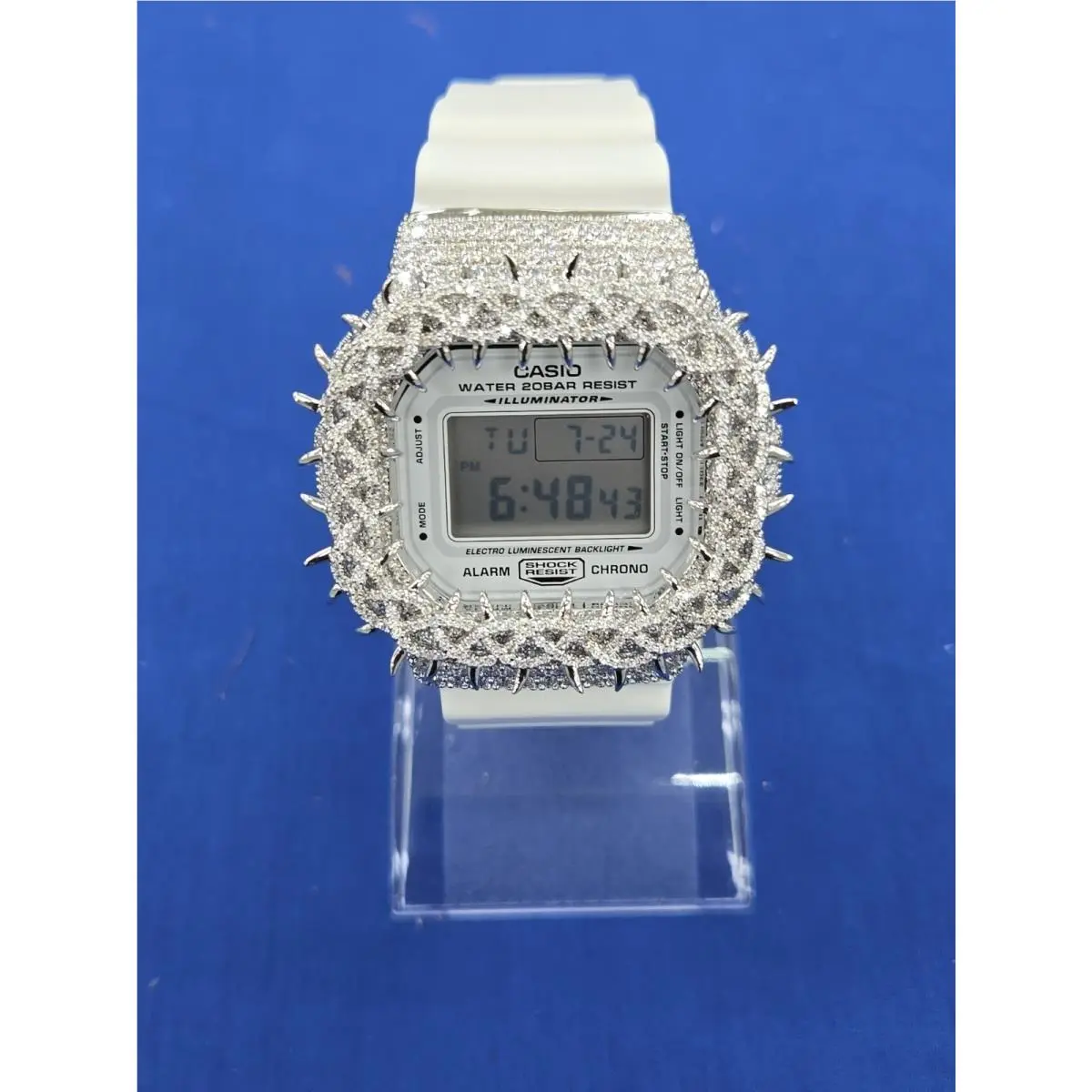 Moissanite G Shock Watch by Casio 5600 Model White Color Band Silve Color Bezel