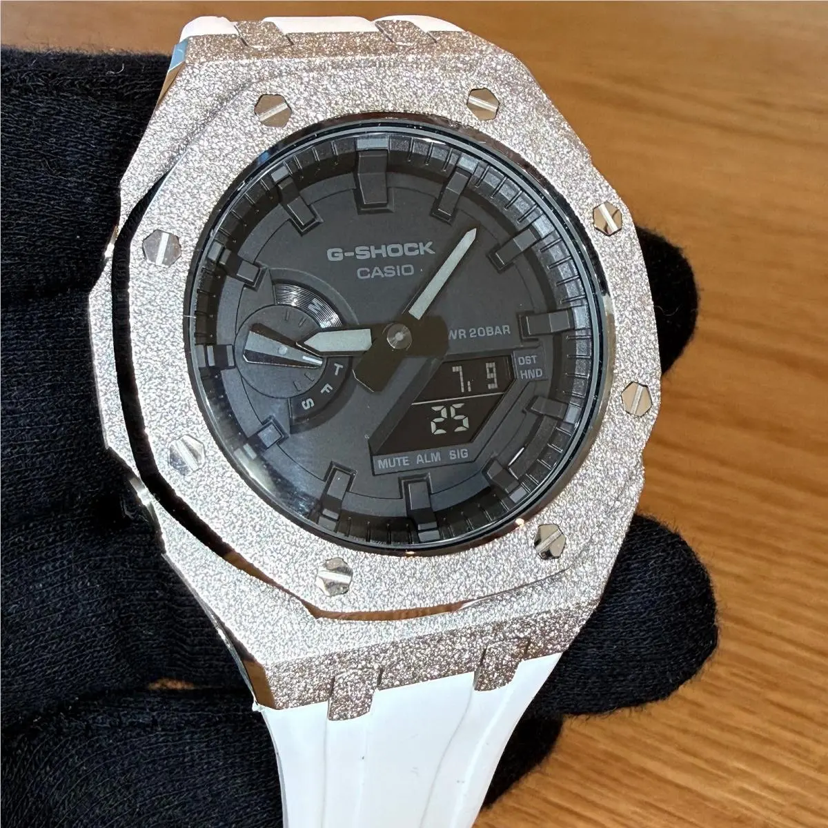 Silver Custom Frosted Metal G Shock Watch GA2100 Rubber Strap by Casio