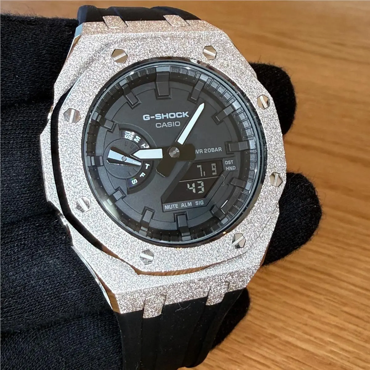 Silver Custom Frosted Metal G Shock Watch GA2100 Rubber Strap Black by Casio