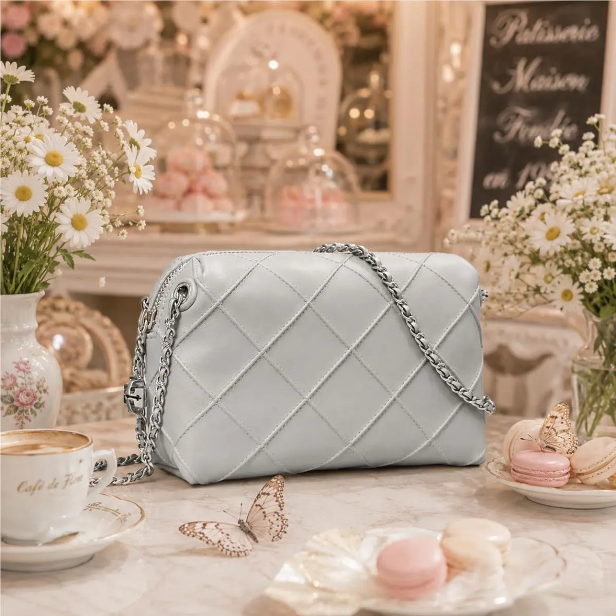 Tory Burch Fleming Soft Gray Quilted Leather Small Crossbody Bag