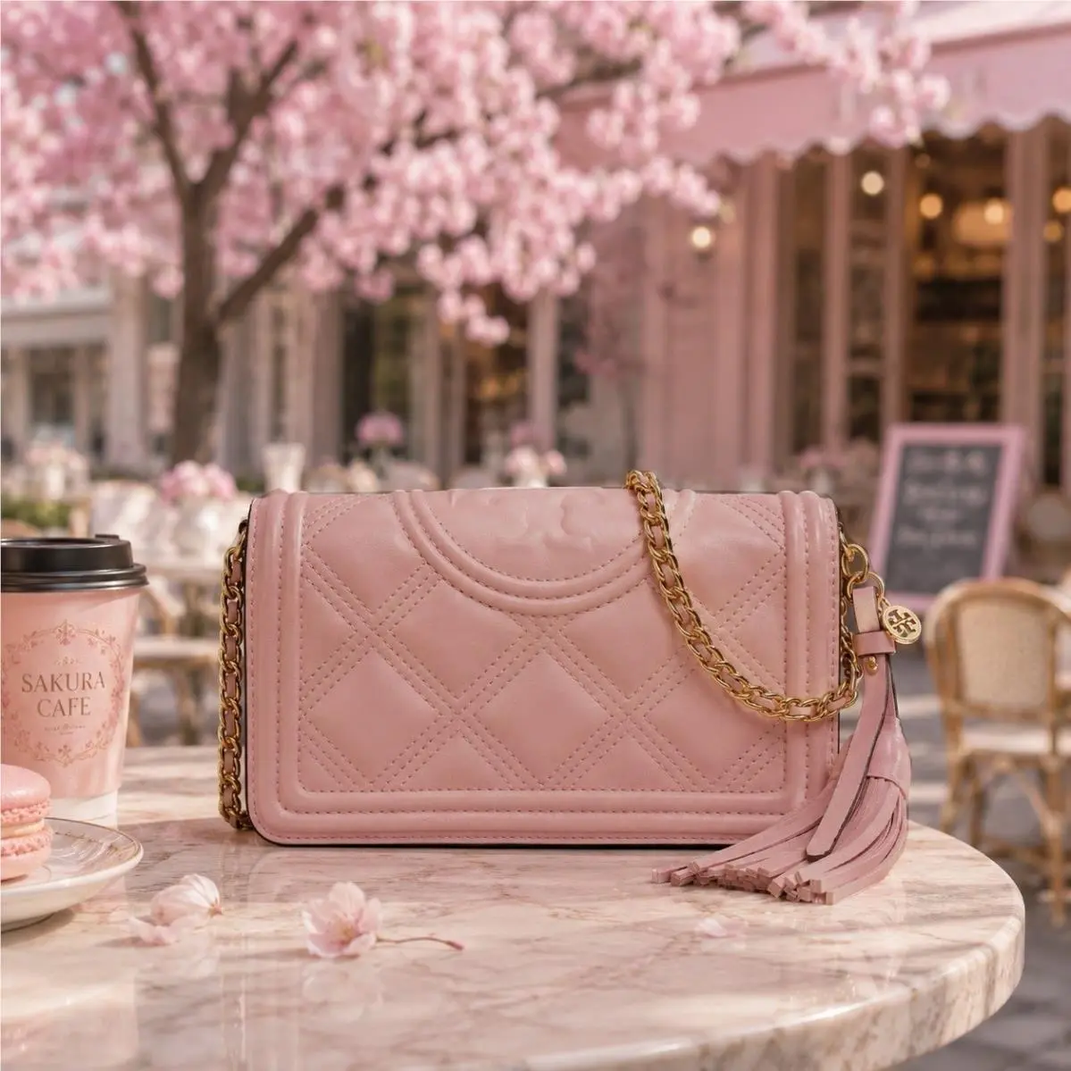 Tory Burch Fleming Pink Moon Leather Chain Wallet Crossbody/shoulder Bag
