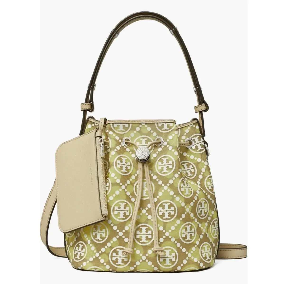 Tory Burch T Monogram Mesh Dot Bucket Bag IN Soft Neutral/ Honeydew
