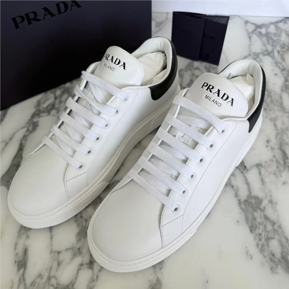 Prada Women White Leather Low Top Sneakers Black Heel Tab 1E621M Size US 9.5
