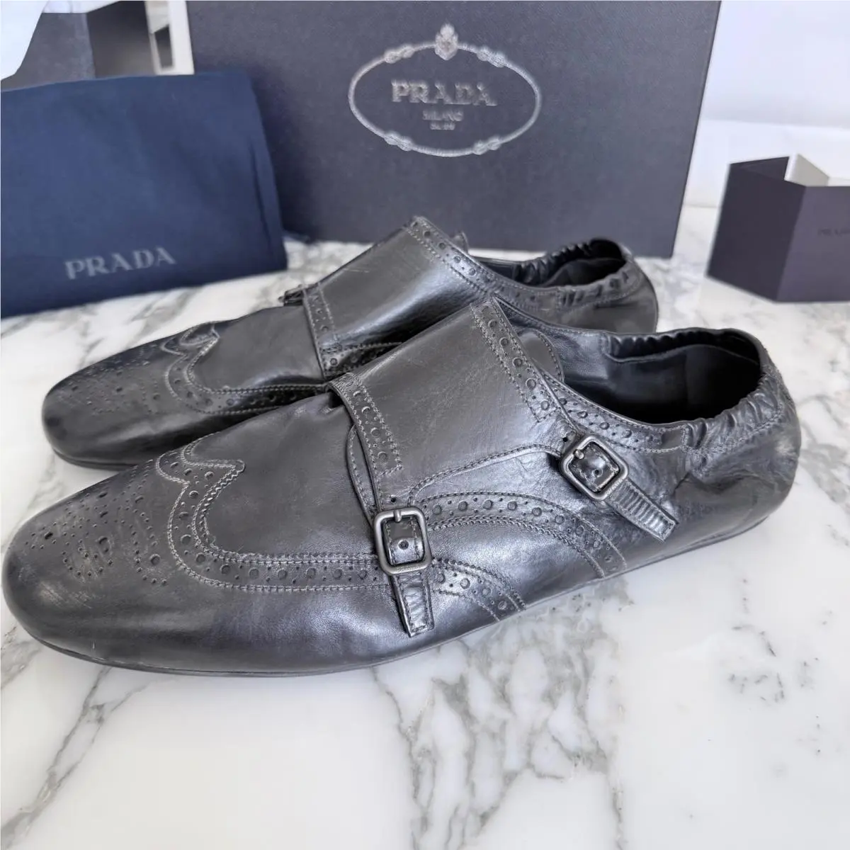 Prada 2EG469 Mens Leather Double Monk Strap Wingtip Shoes Grey Black UK 11