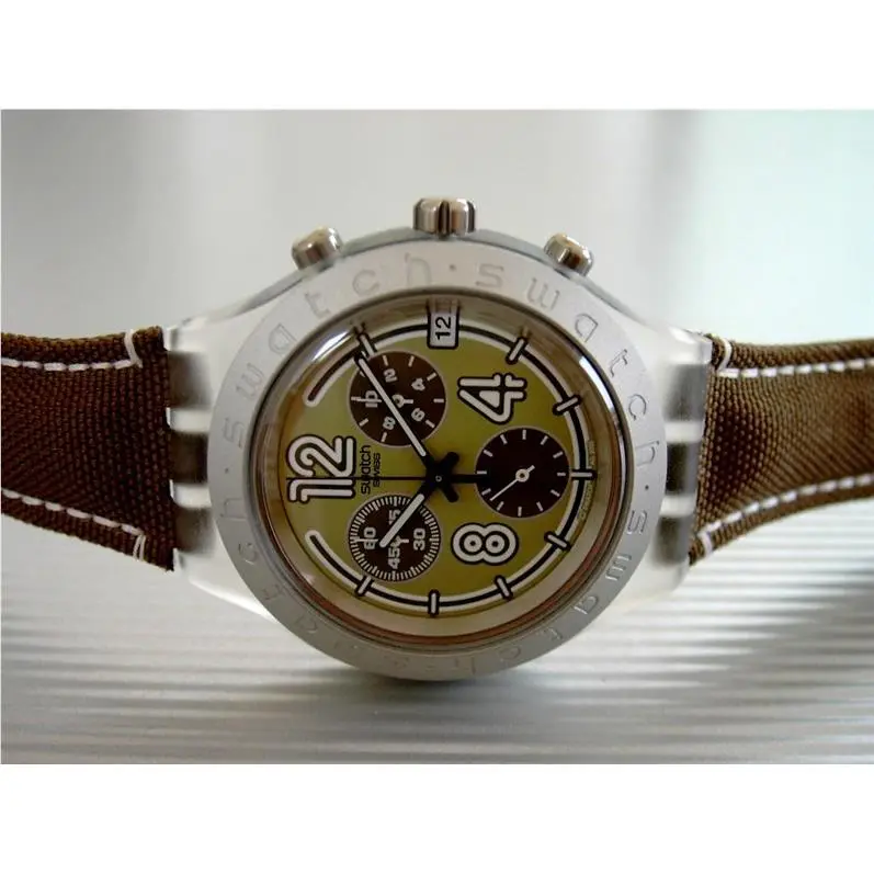 Jungle Wind  Diaphane Irony Chrono w Leather Band Glow Tips Date-nib by Swatch