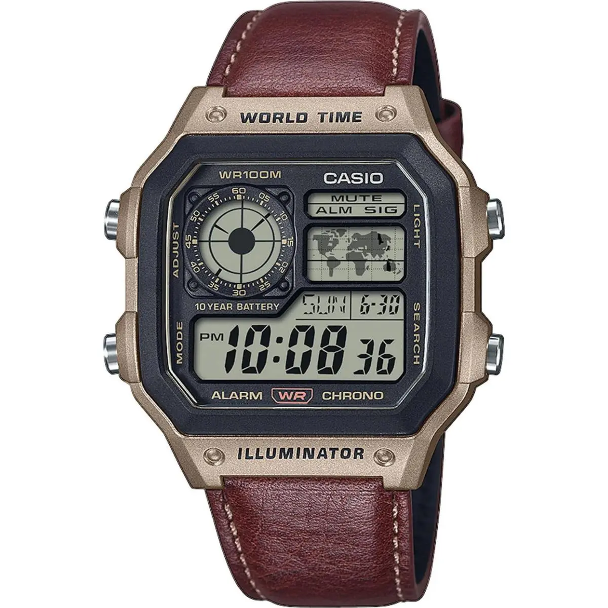 Casio Men`s Watch Digital Leather World Time AE-1200WHL-5AVEF Brown Chrono Alarm