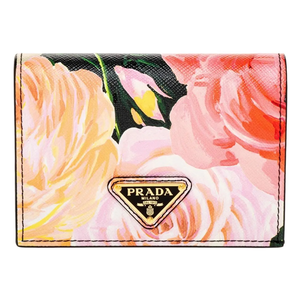 Prada Saffiano Black Floral Print Bifold Wallet Zip Coin Pocket