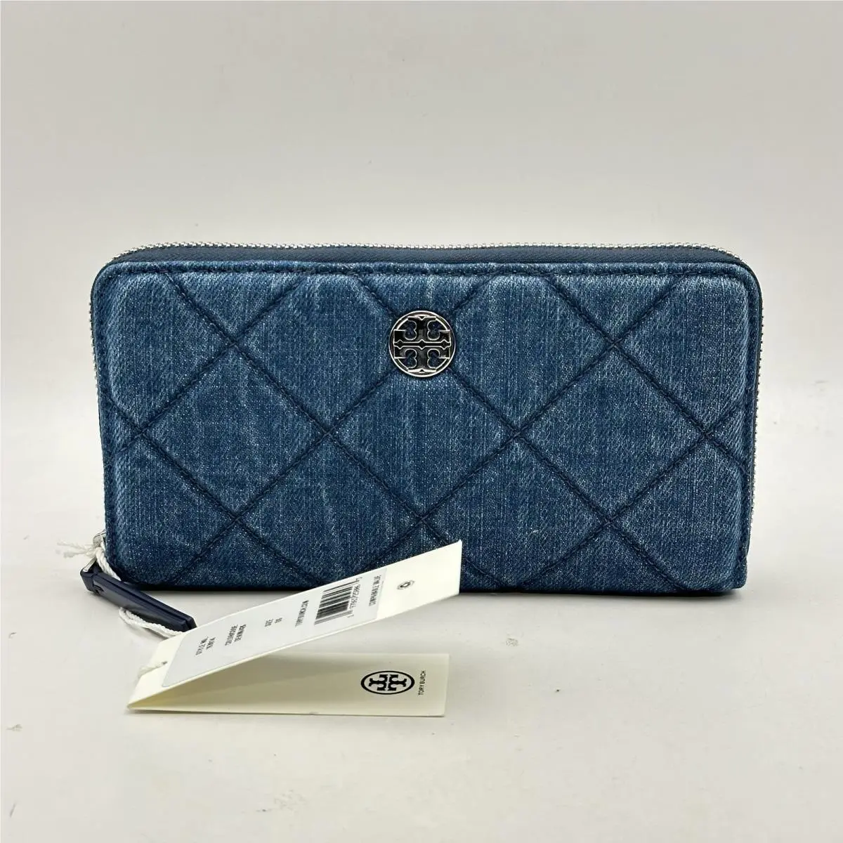 Tory Burch Womens Wila Continental Zip Around Wallet Quilted Denim Blue