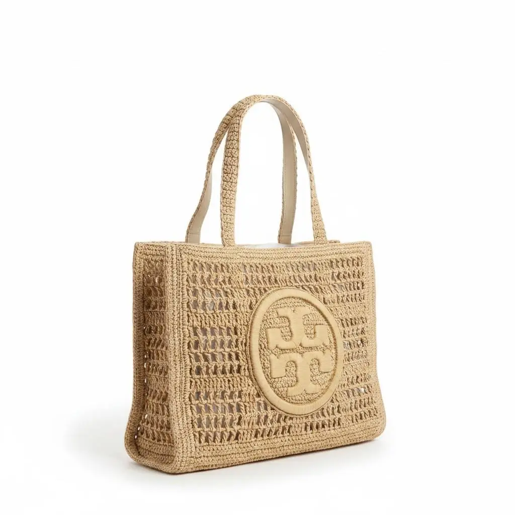 Tory Burch Large Ella Crochet Tote Bag Natural Leather Trim