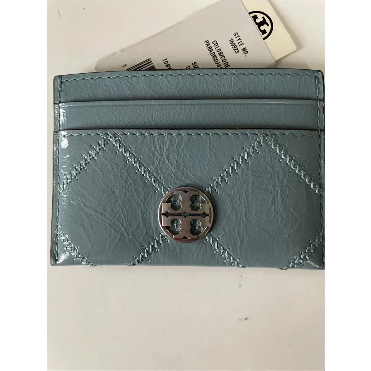 Tory Burch Light Blue Patent Leather Silver Logo Wallet