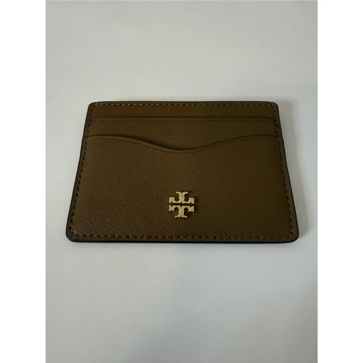 Tory Burch Emerson Slim Card Case Moose Brown Saffiano Leather Gold Logo