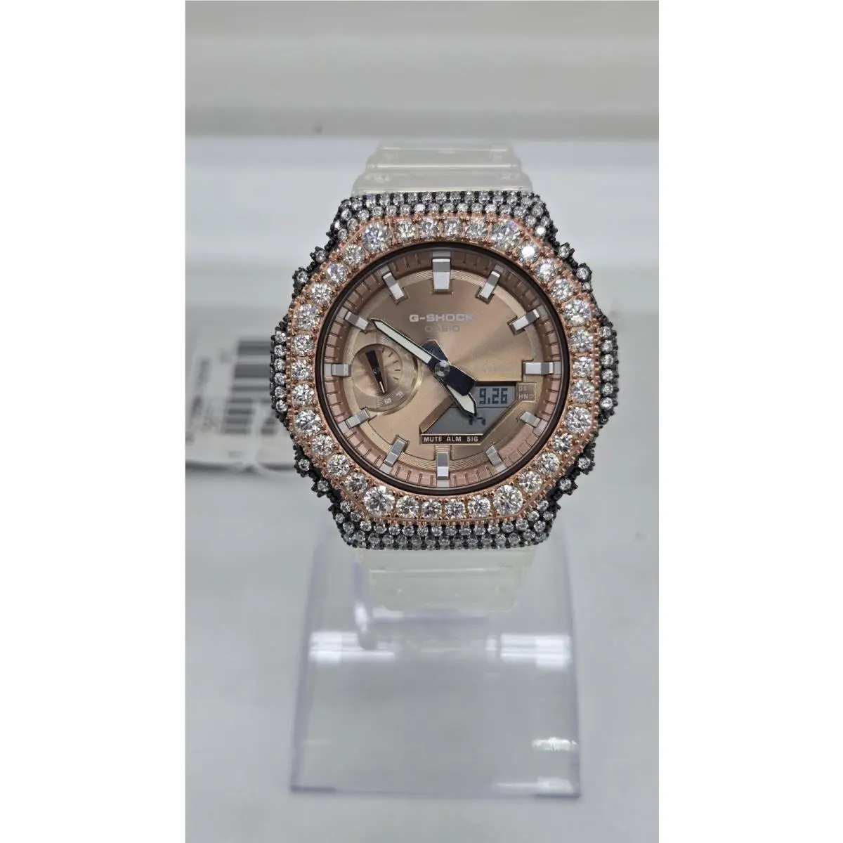 G Shock 2100 Rose Gold Black Tone Bezel Moissanite Trasparent Case Band by Casio