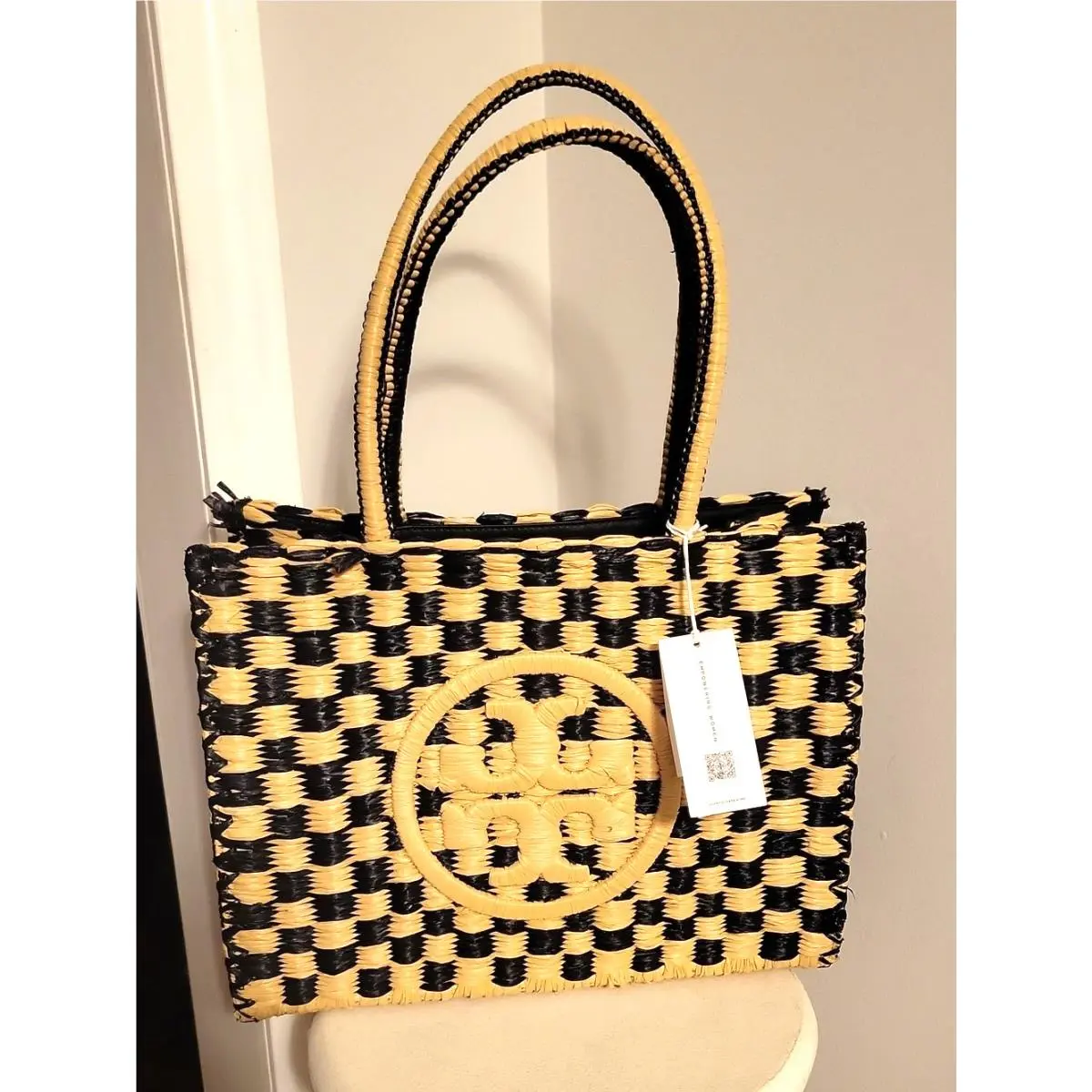 Ella Raffia Tote Bag in Black Natural by Tory Burch