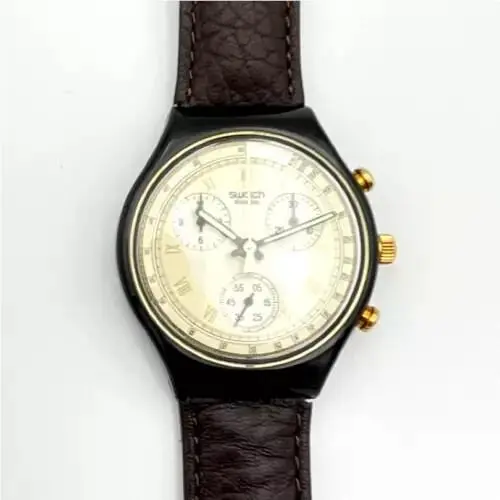 Swatch Chrono Lodge SCB111 -1993 New. Brown Leat38mm. See Note