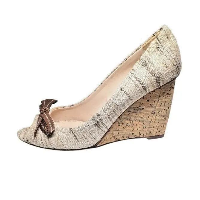 Prada Tweed Peep Toe Bow Pumps Beige Brown 39 US 8.5 Italy