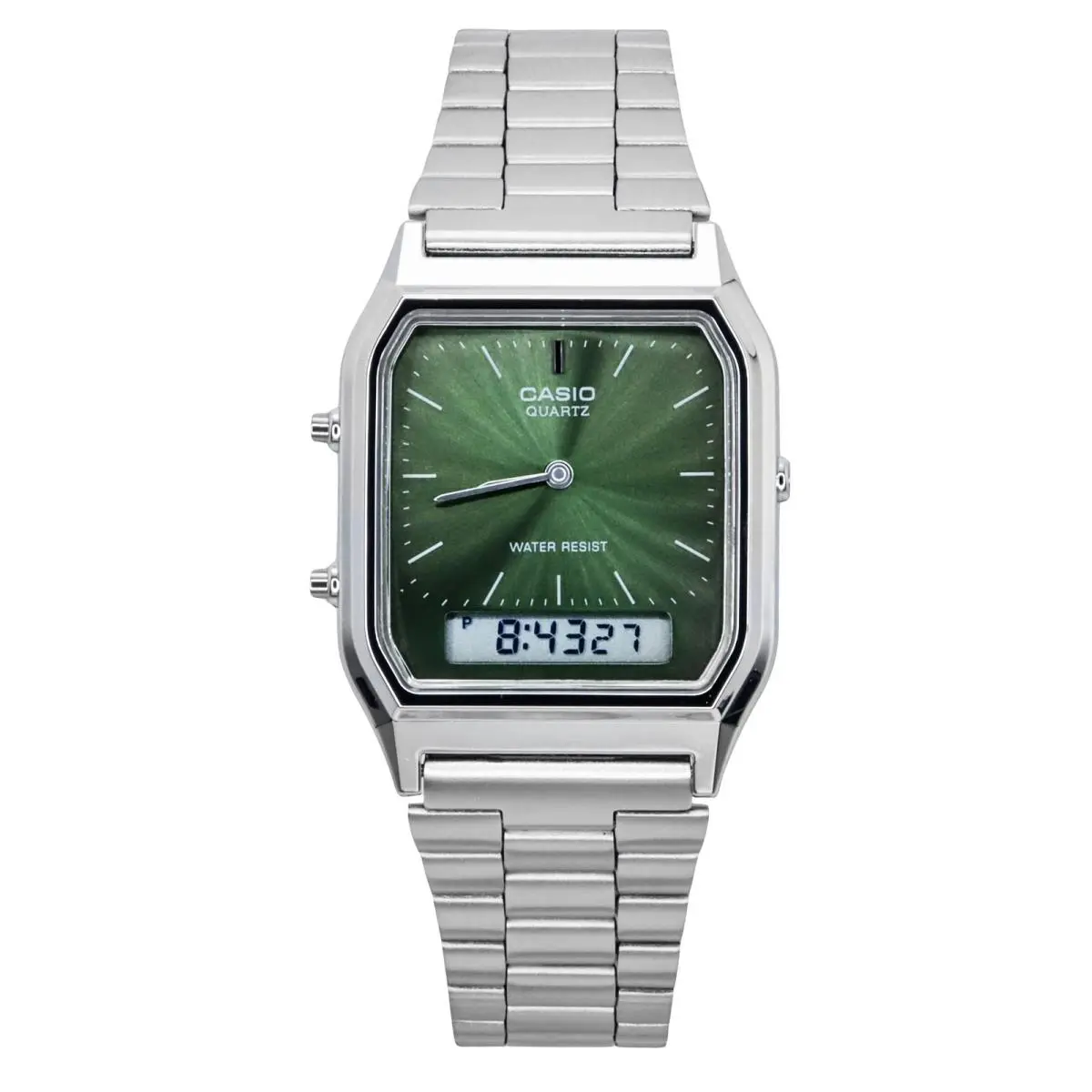 Casio Vintage Analog Digital Green Dial Dual Time Unisex Watch AQ-230A-3AMQY - Dial: Green, Band: Silver, Bezel: No Bezel