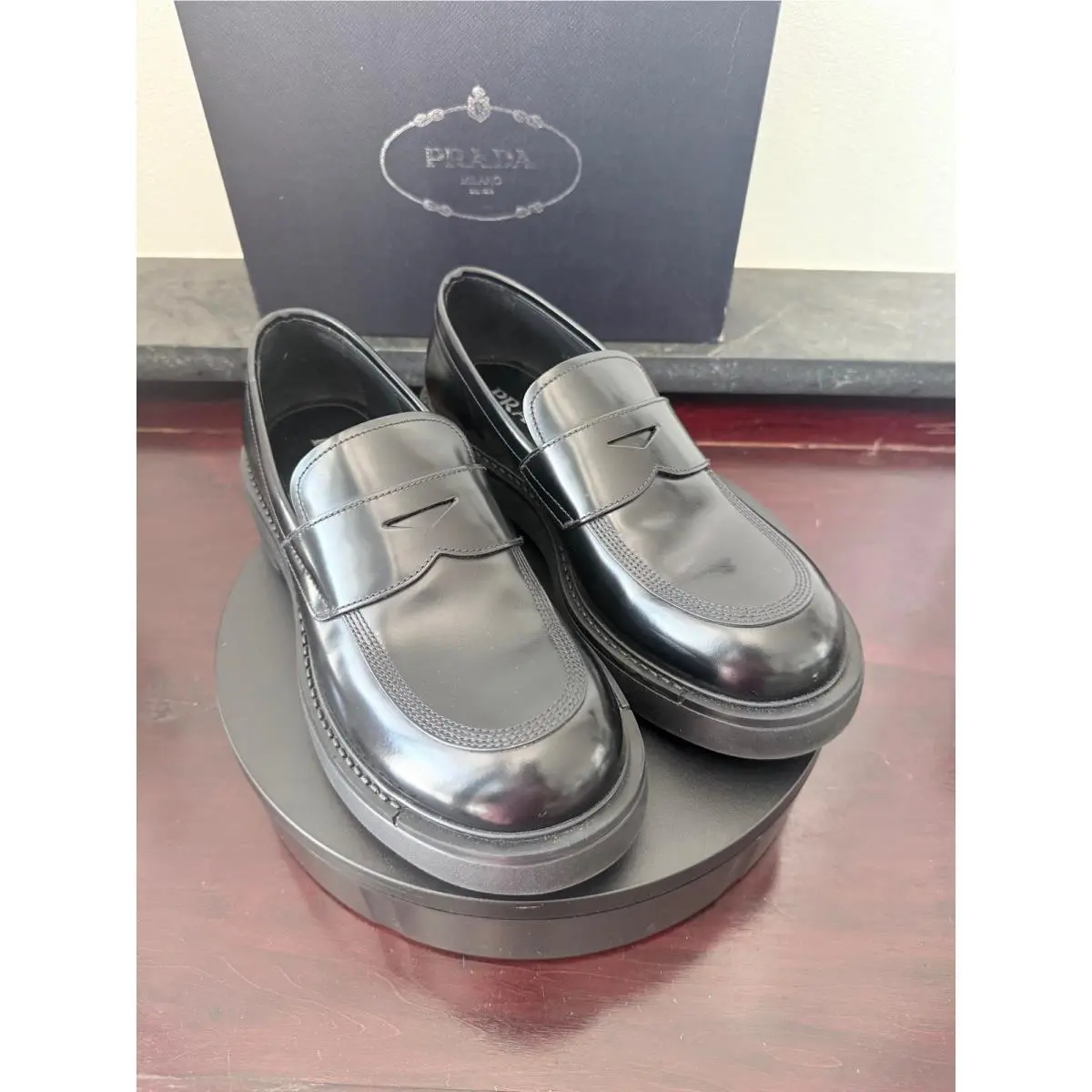 Prada 2DG149 Mens Black Leather Penny Loafer Lug Sole Shoes Size 6 Made in Italy