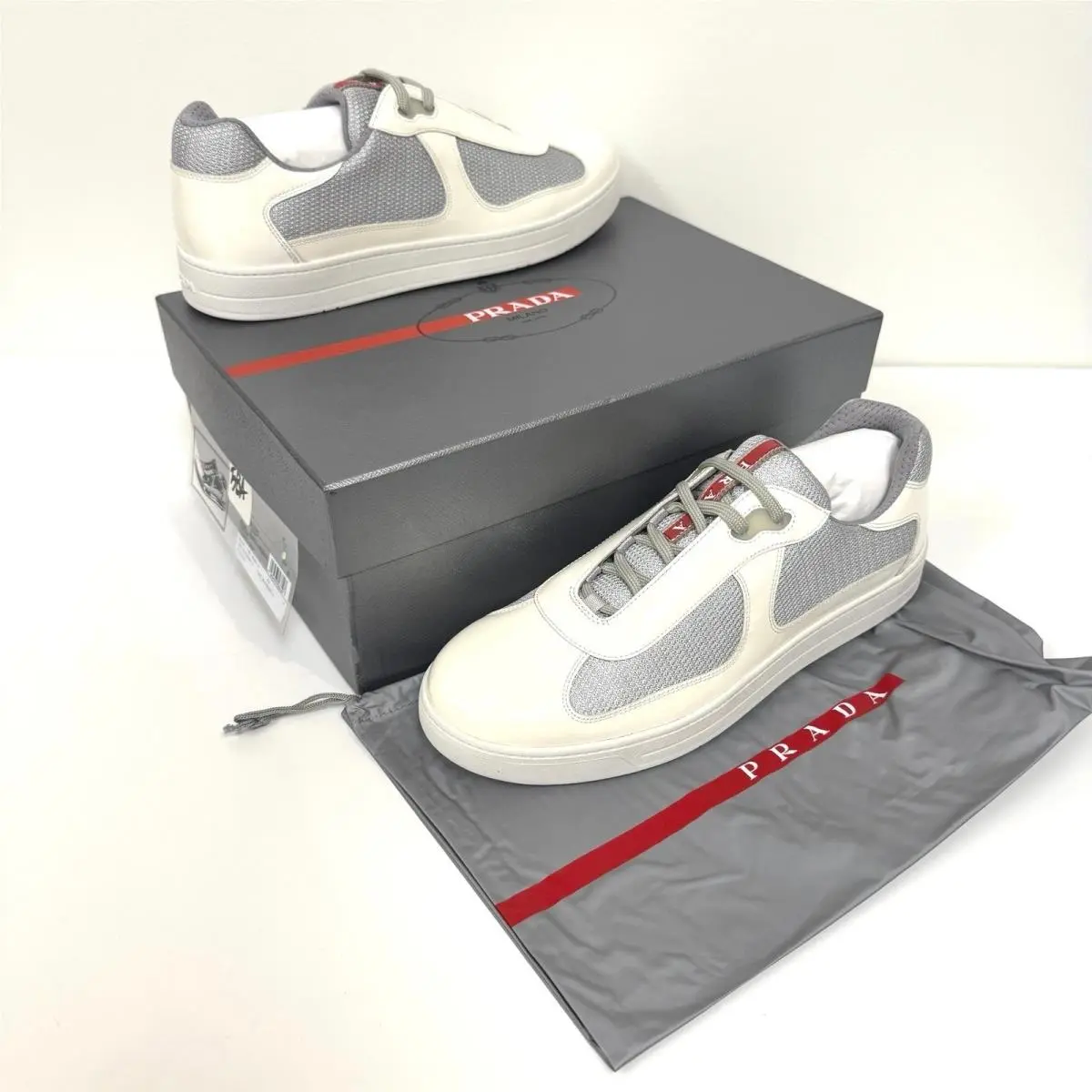 Prada America`s Cup White Patent Leather Grey Mesh Low Top Sneakers 10 Shoes