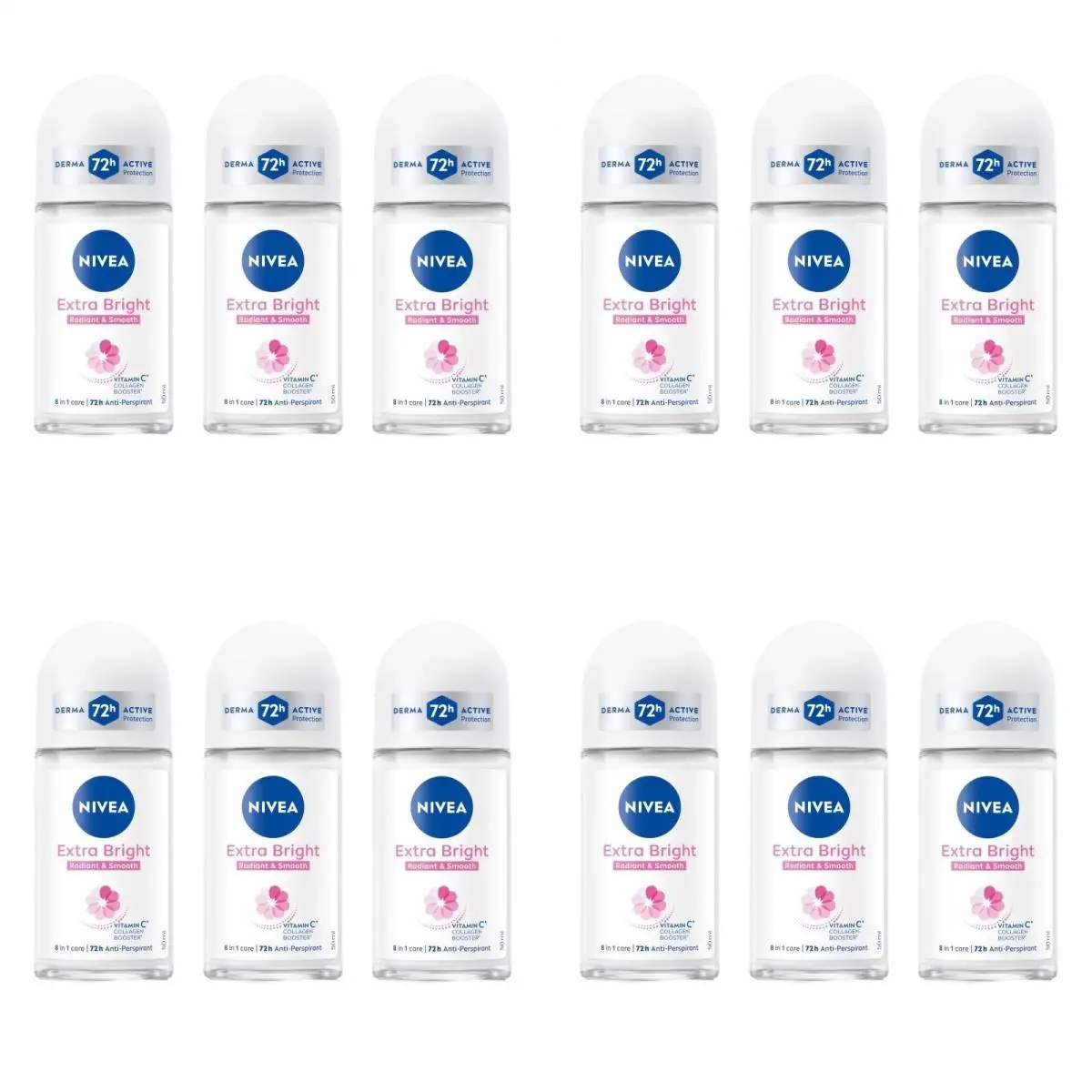 Nivea Women Extra Brightening Roll-on Deodorant 25ml 72H Sweat Odor Protect 12pk
