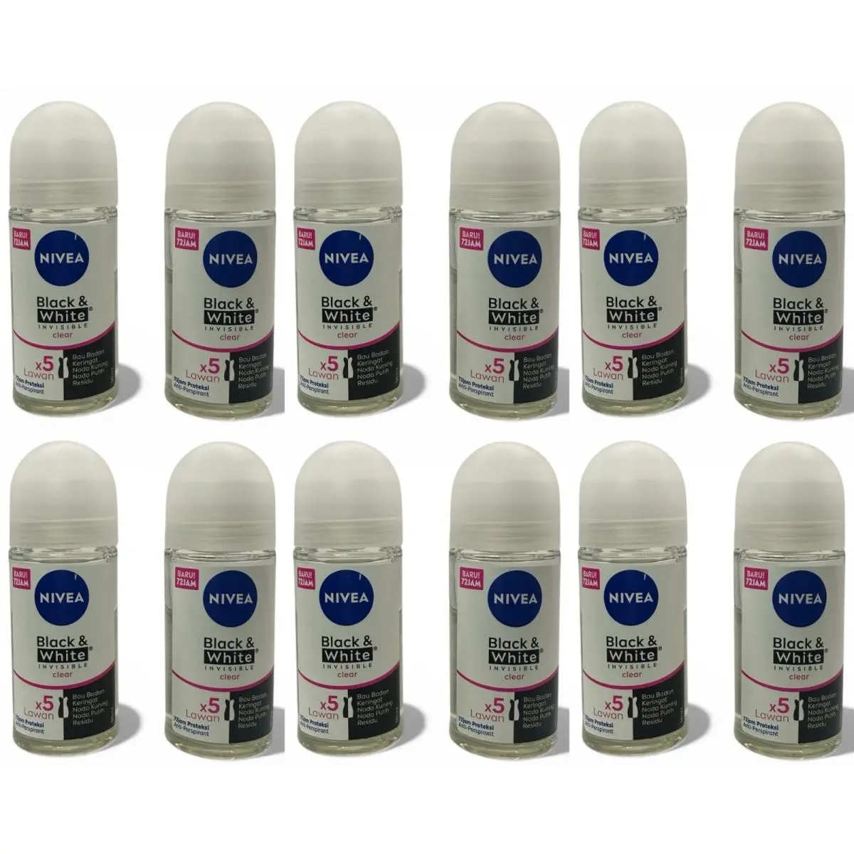 Nivea Black White Invisible Clear Roll-on Deodorant 72h 25ml Anti-stain 12 Pk