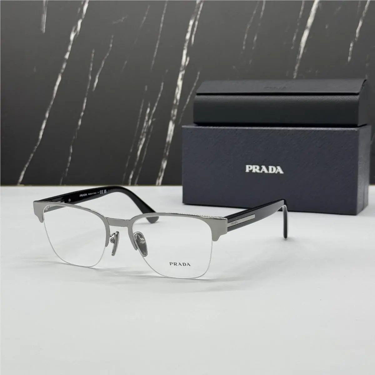 Prada PRA52V 5AV1O1 Silver Black Half Rim Men Eyeglasses PR A52V