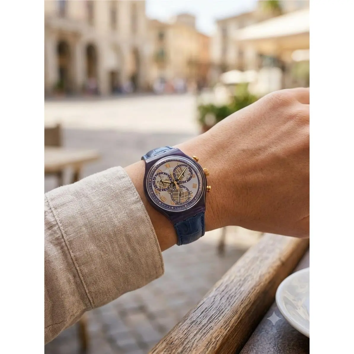 Swatch Chrono Watch Blue Leather Strap Global Map Dial Deastock Swiss Made