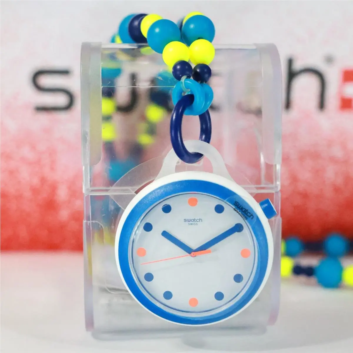 Swiss Made Swatch Popiness Beads PNW103N Pop Necklace Watch Rare 45MM Blue B