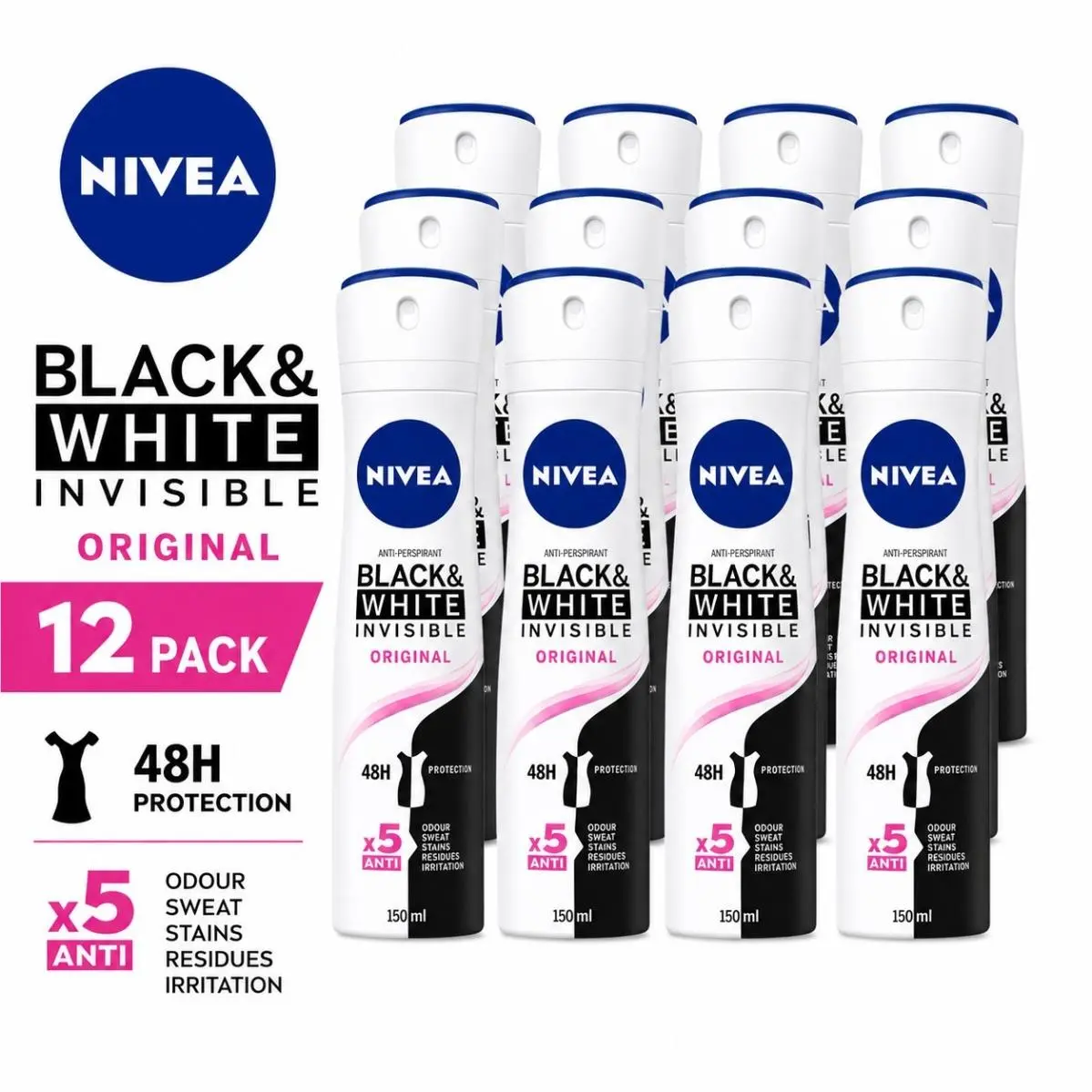Nivea Black White Invisible Anti-perspirant Spray 150ml 12 Pack