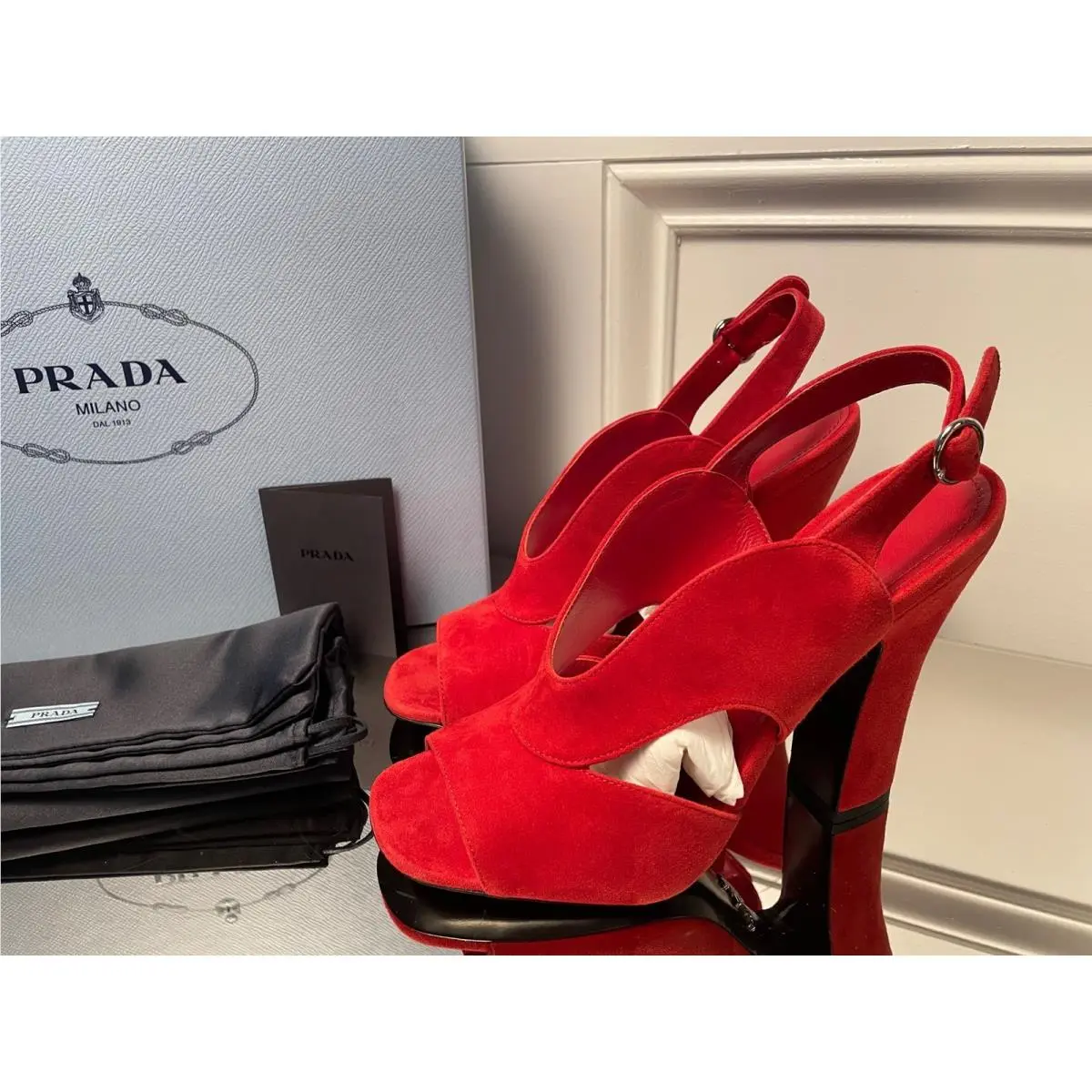 Prada Collection 1X890L Comoscio Women`s Red Suede High Heel Pumps Shoes 36