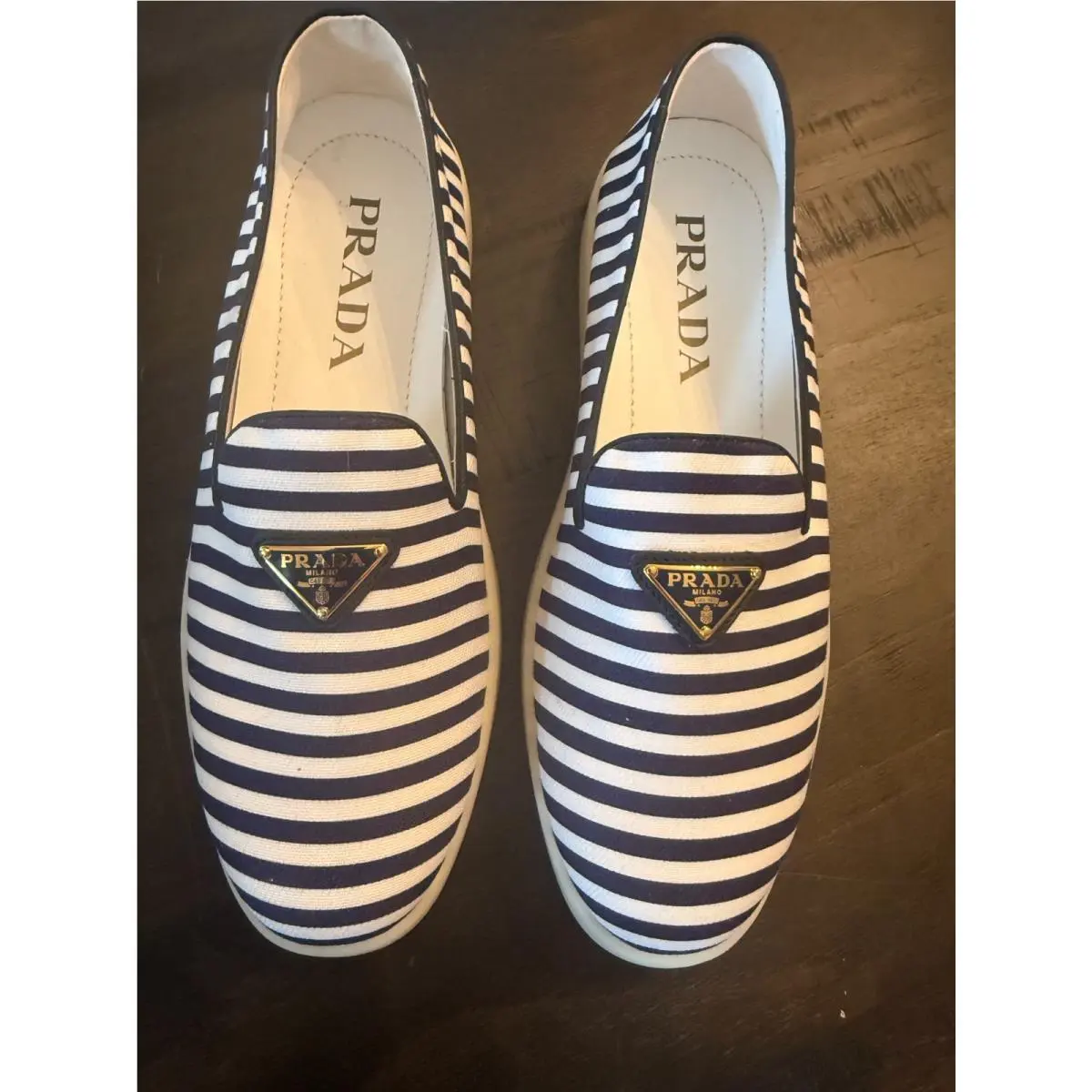 Prada 2026 Triangle Leather Calzature Donna Shoes Sz 37 Navy Blue White