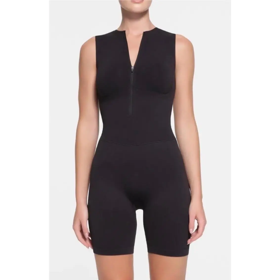 Skims Contour Nylon Midthigh Bodysuit Romper Xxs/xs Onyx Black Zip Front