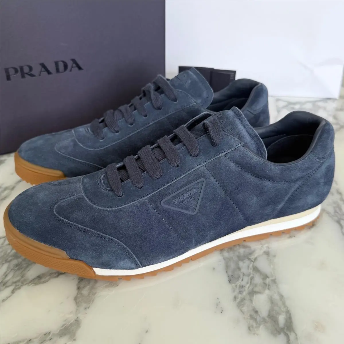 Prada Men Navy Blue Suede Low Top Sneakers Gum Sole Triangle Logo 2EG486