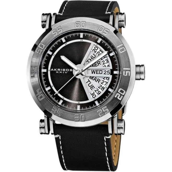Akribos Xxiv AK552BKS Day Date Minute Track Black Leather Strap Mens Watch