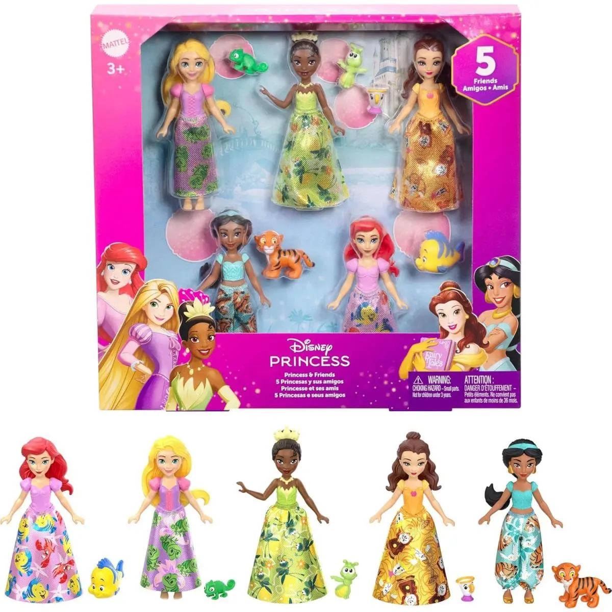 Princess Friends Ariel Tiana Jasmine Belle Rapunzel Mini Doll 5-Pack
