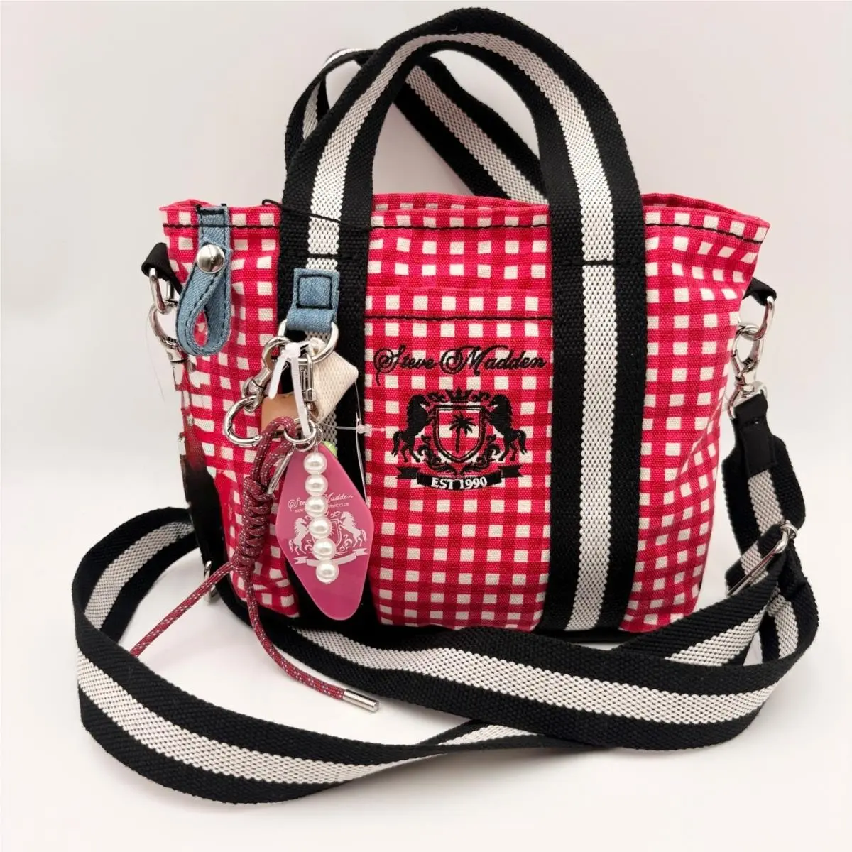 Steve Madden Bcollege Red Gingham Canvas Mini Tote Crossbody Bag with Charms Y2K
