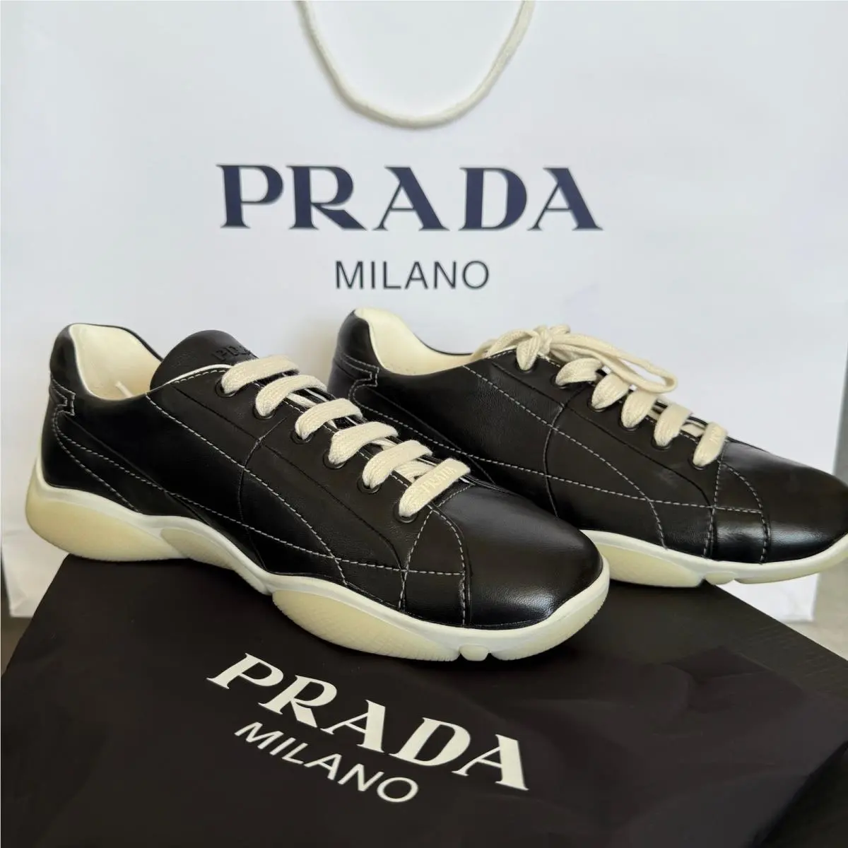 Prada Re-edition Men`s Black Nappa Leather Sneakers Shoes 2EE429 Size UK 8