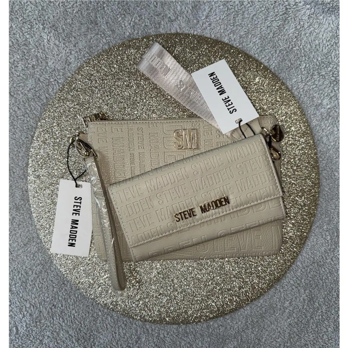 Steve Madden Logo Handle Wallet 8 x 4” and Wristlet 9.5 x 7 Oatmeal