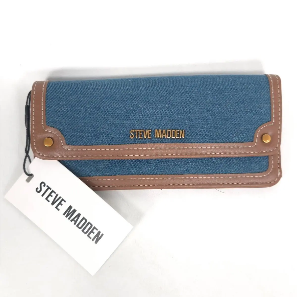 Steve Madden Women`s Denim Snap Zip Wallet Blue Brown Bdenni