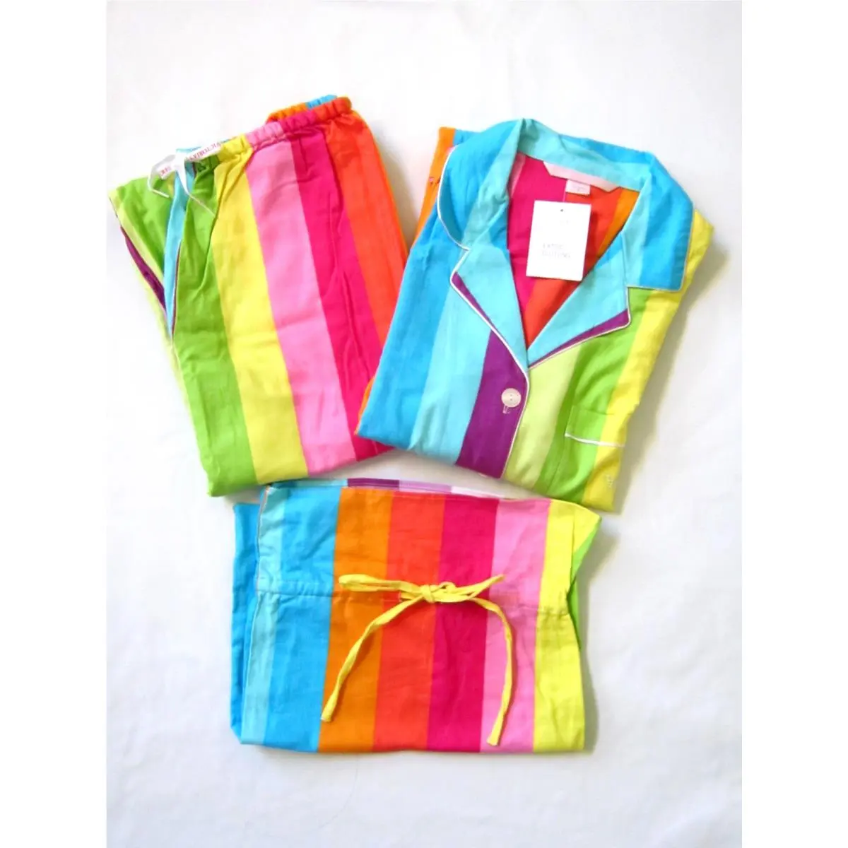 Y2K Victoria Secret Cotton Rainbow Stripe Flannel Pajamas Shirt Pant + Bag Set S by Victoria's Secret