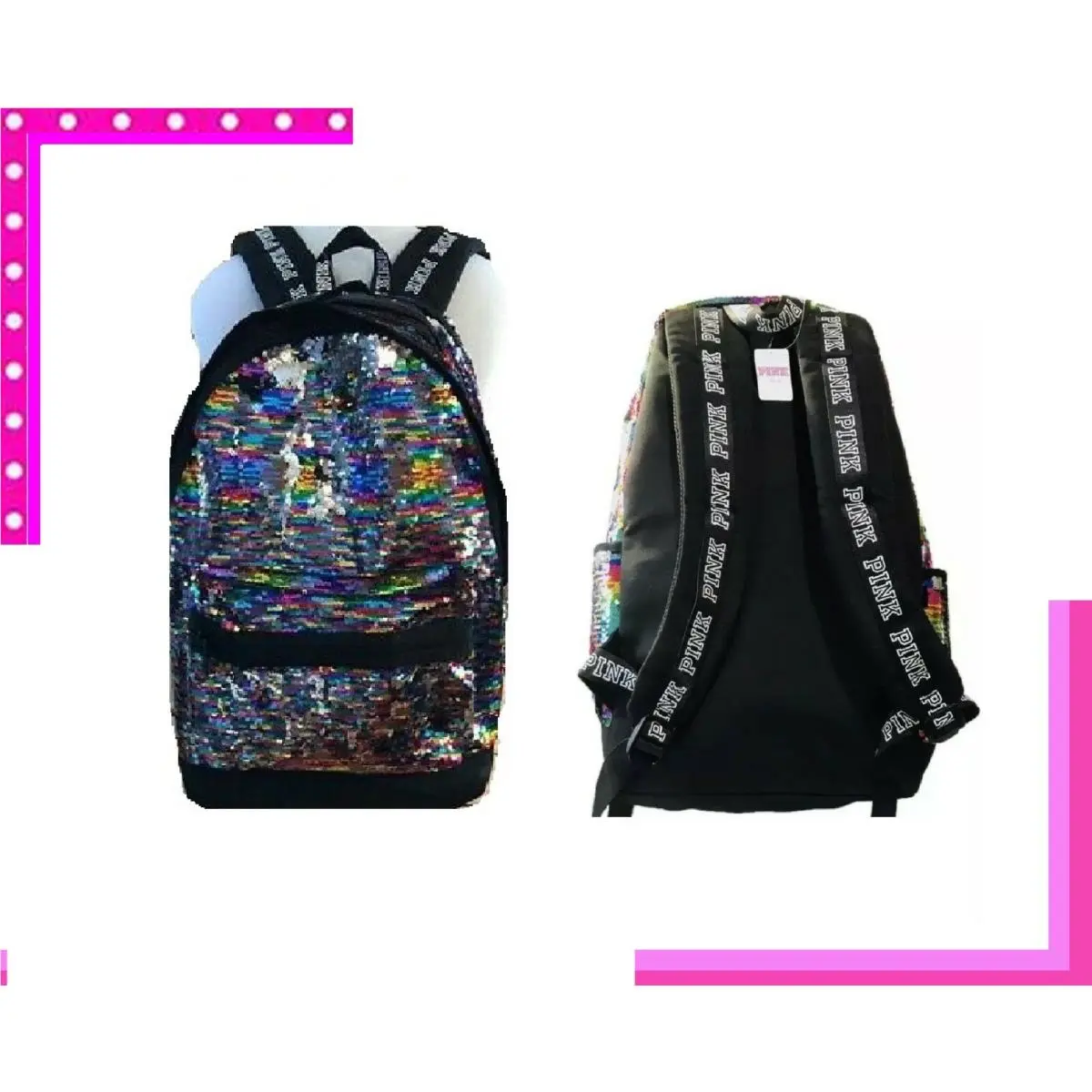 Bling Victoria Secret Pink Rainbow Black Campus Backpack Book Bag Carryon Travel